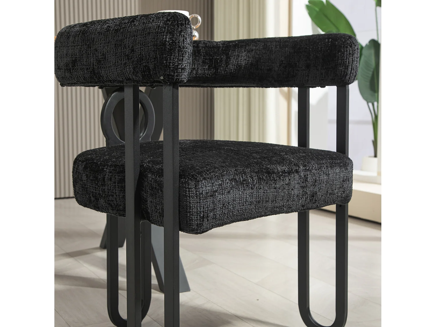 Set van 2 eetkamerstoelen, ronde rugleuning, voor eetkamer, woonkamer, slaapkamer, kantoor, in zwart chenille