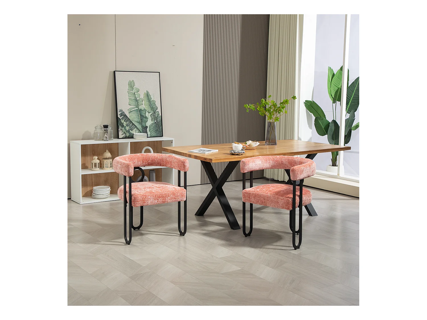 Lot de 2 chaises de salle à manger, avec dossier rond, pour salle à manger, salon, chambre à coucher, bureau, en chenille Rose