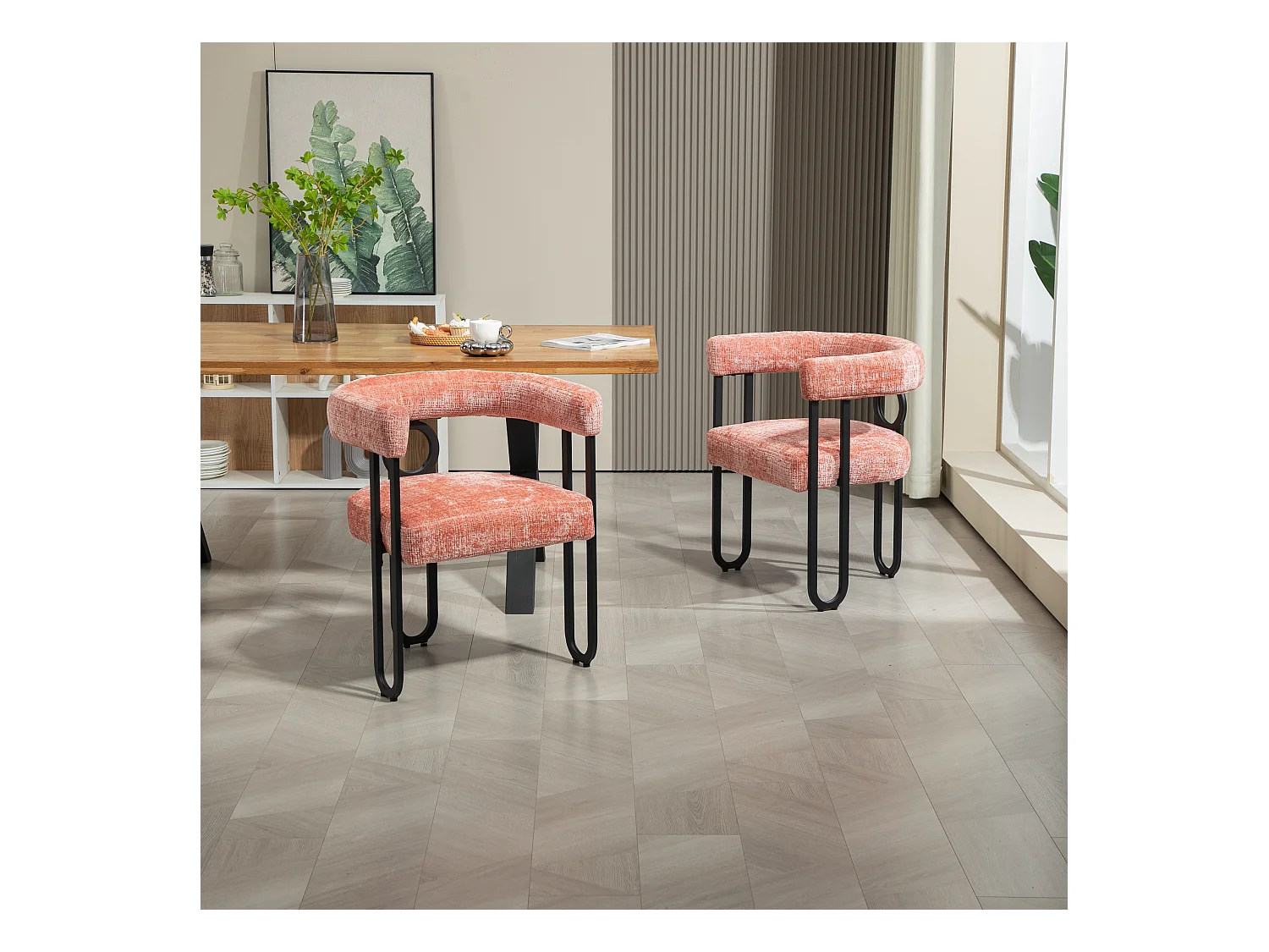 Lot de 2 chaises de salle à manger, avec dossier rond, pour salle à manger, salon, chambre à coucher, bureau, en chenille Rose
