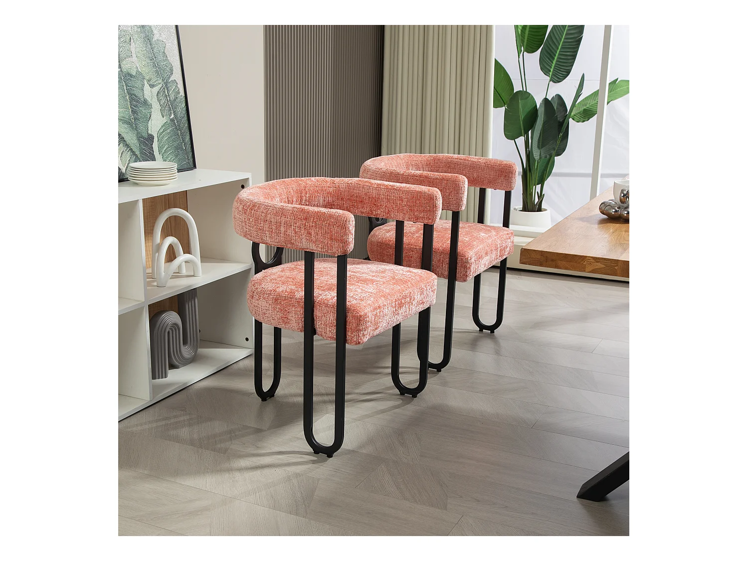 Lot de 2 chaises de salle à manger, avec dossier rond, pour salle à manger, salon, chambre à coucher, bureau, en chenille Rose