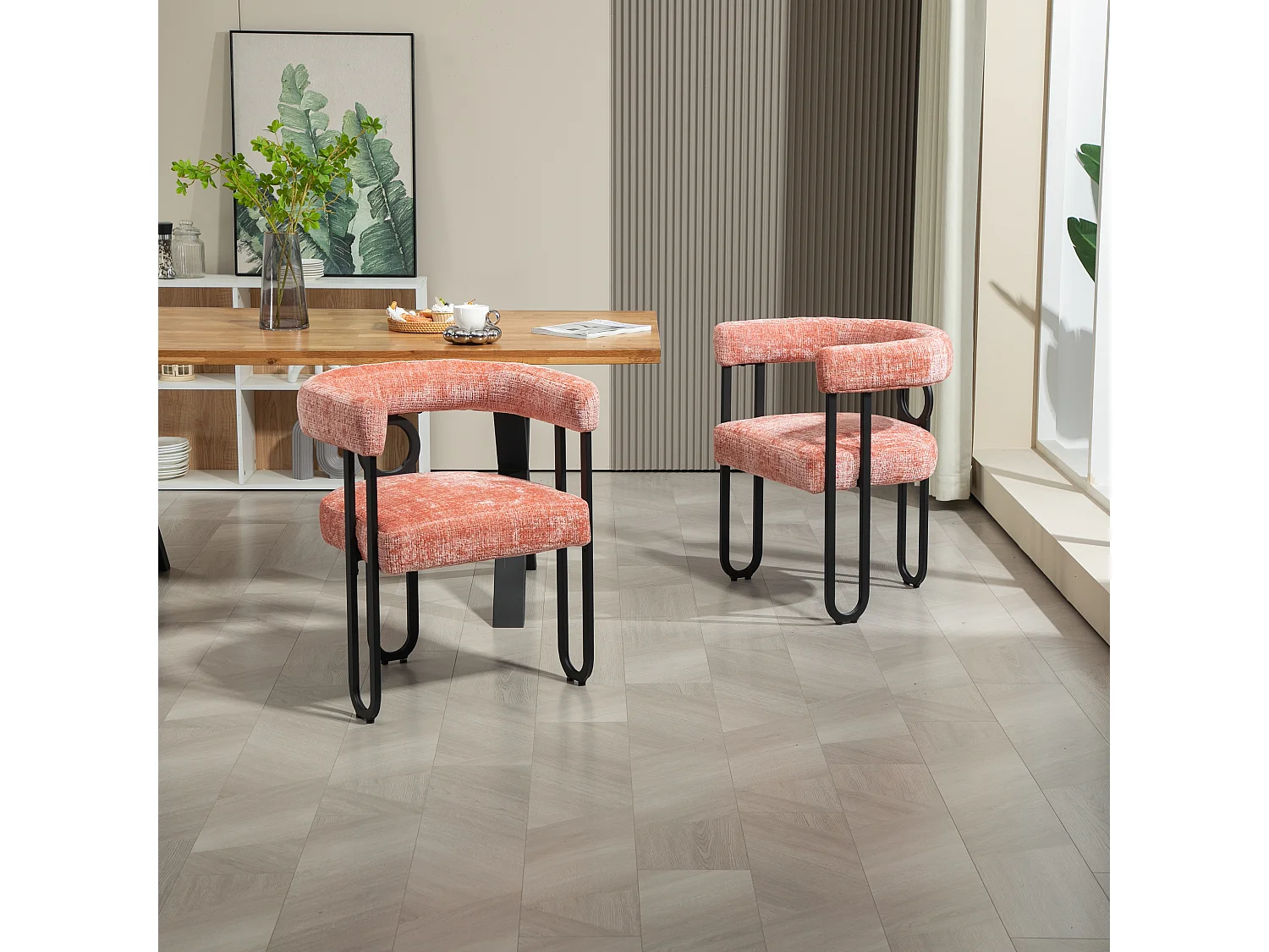 Lot de 2 chaises de salle à manger, avec dossier rond, pour salle à manger, salon, chambre à coucher, bureau, en chenille Rose