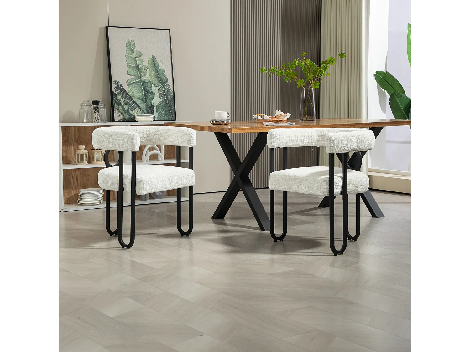 Set van 2 eetkamerstoelen, ronde rugleuning, voor eetkamer, woonkamer, slaapkamer, kantoor, beige chenille