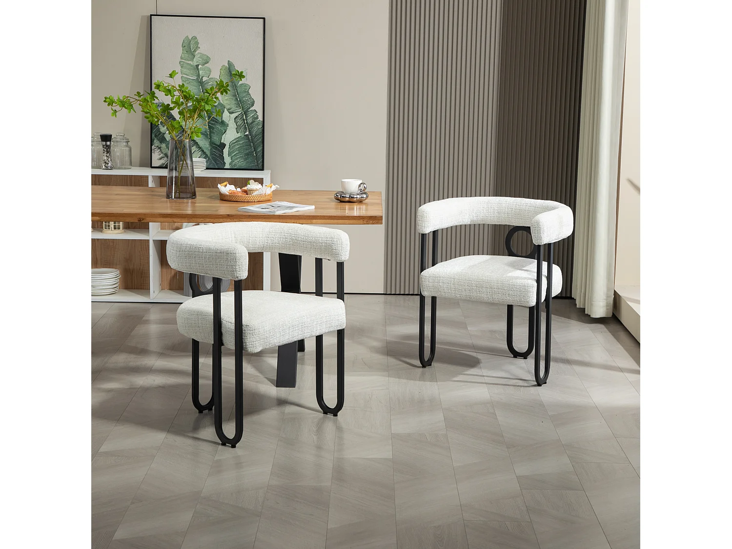 Set van 2 eetkamerstoelen, ronde rugleuning, voor eetkamer, woonkamer, slaapkamer, kantoor, beige chenille