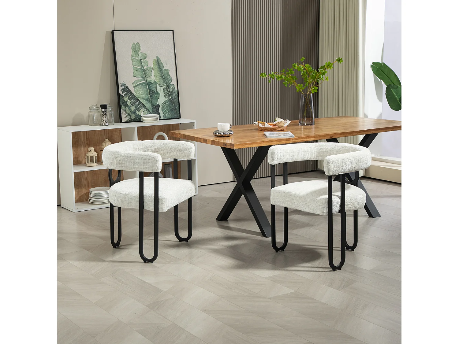 Set van 2 eetkamerstoelen, ronde rugleuning, voor eetkamer, woonkamer, slaapkamer, kantoor, beige chenille