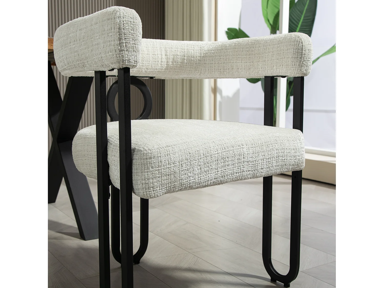 Set van 2 eetkamerstoelen, ronde rugleuning, voor eetkamer, woonkamer, slaapkamer, kantoor, beige chenille