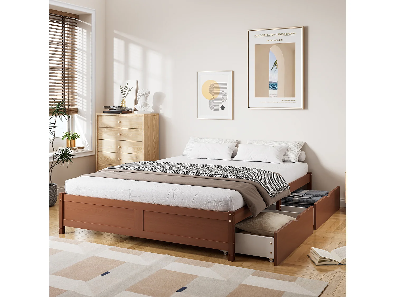 Bettgestell 140x200cm – Doppelbett aus Holz mit 2 Schubladen auf Rollen mit Lattenrost ohne Kopfteil – rotbraun