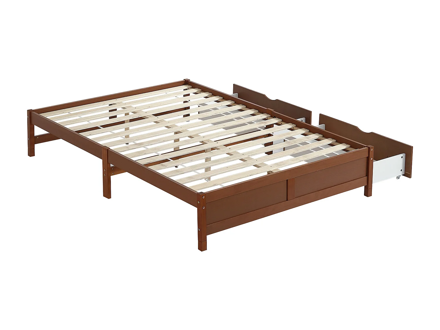 Bettgestell 140x200cm – Doppelbett aus Holz mit 2 Schubladen auf Rollen mit Lattenrost ohne Kopfteil – rotbraun