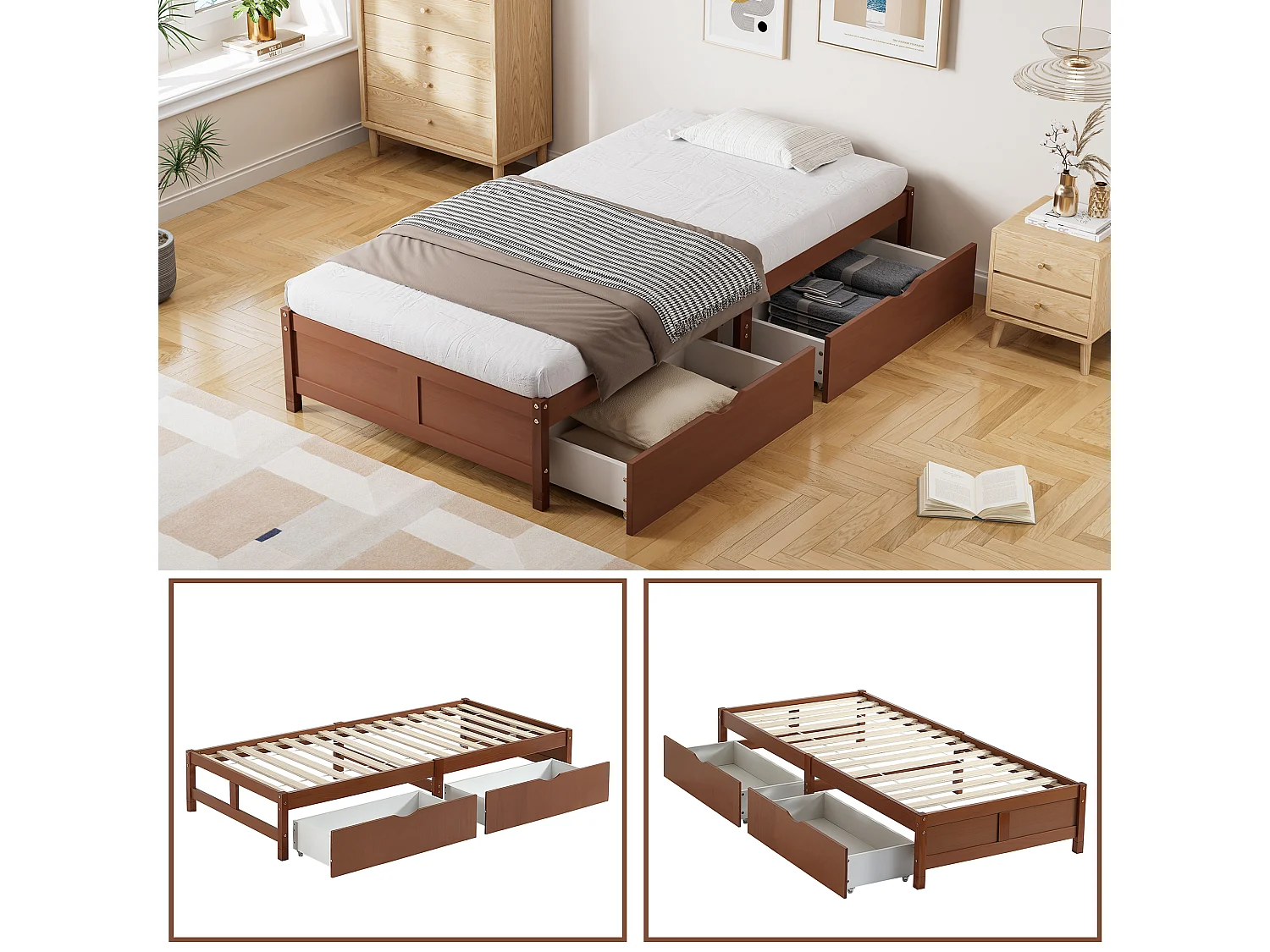 Bedframe 90x200cm - houten eenpersoonsbed met 2 lades op wielen met lattenbodems zonder hoofdbord - roodbruin