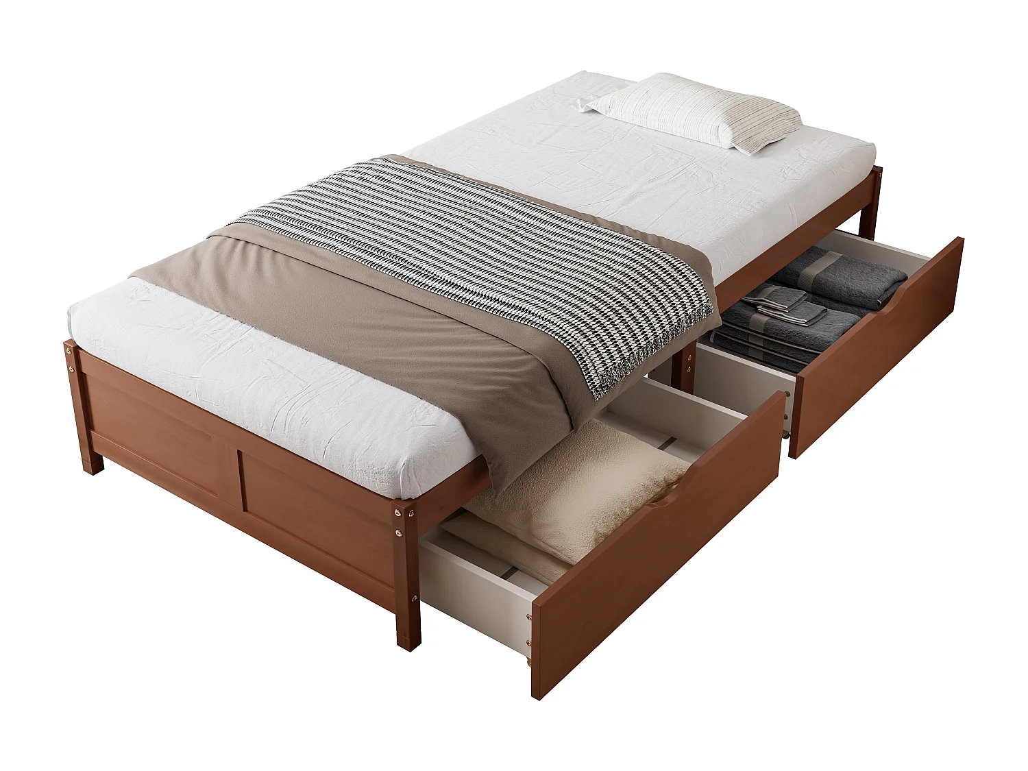 Bedframe 90x200cm - houten eenpersoonsbed met 2 lades op wielen met lattenbodems zonder hoofdbord - roodbruin