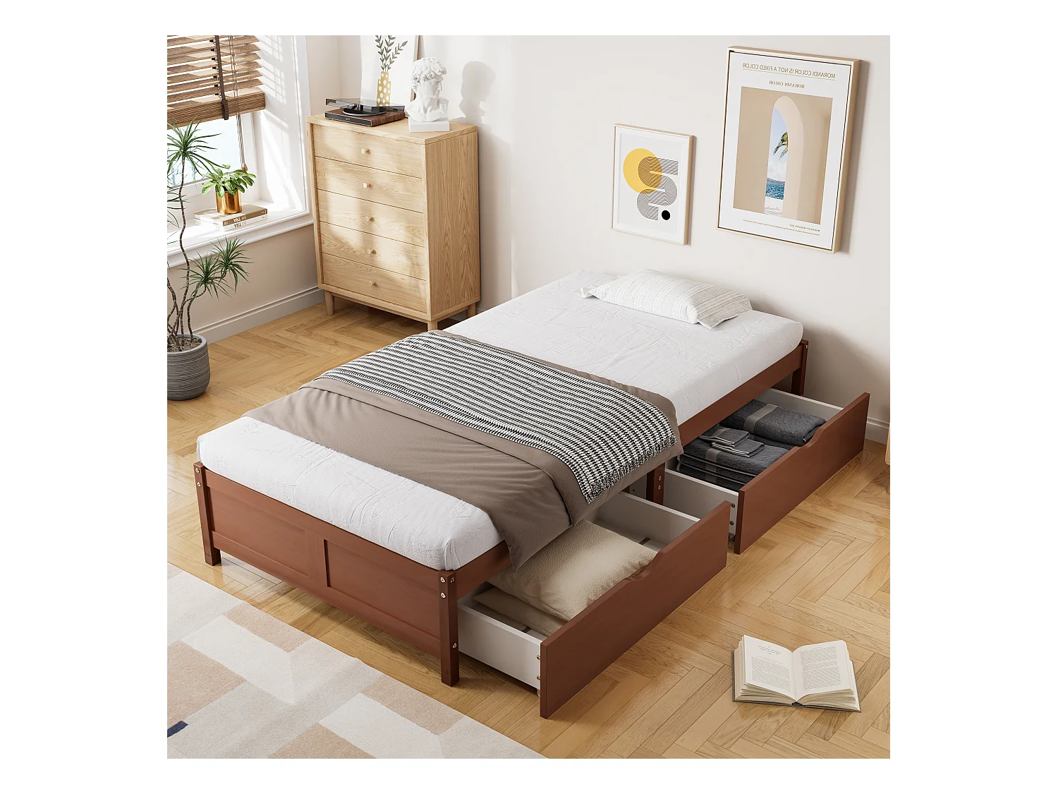 Bedframe 90x200cm - houten eenpersoonsbed met 2 lades op wielen met lattenbodems zonder hoofdbord - roodbruin