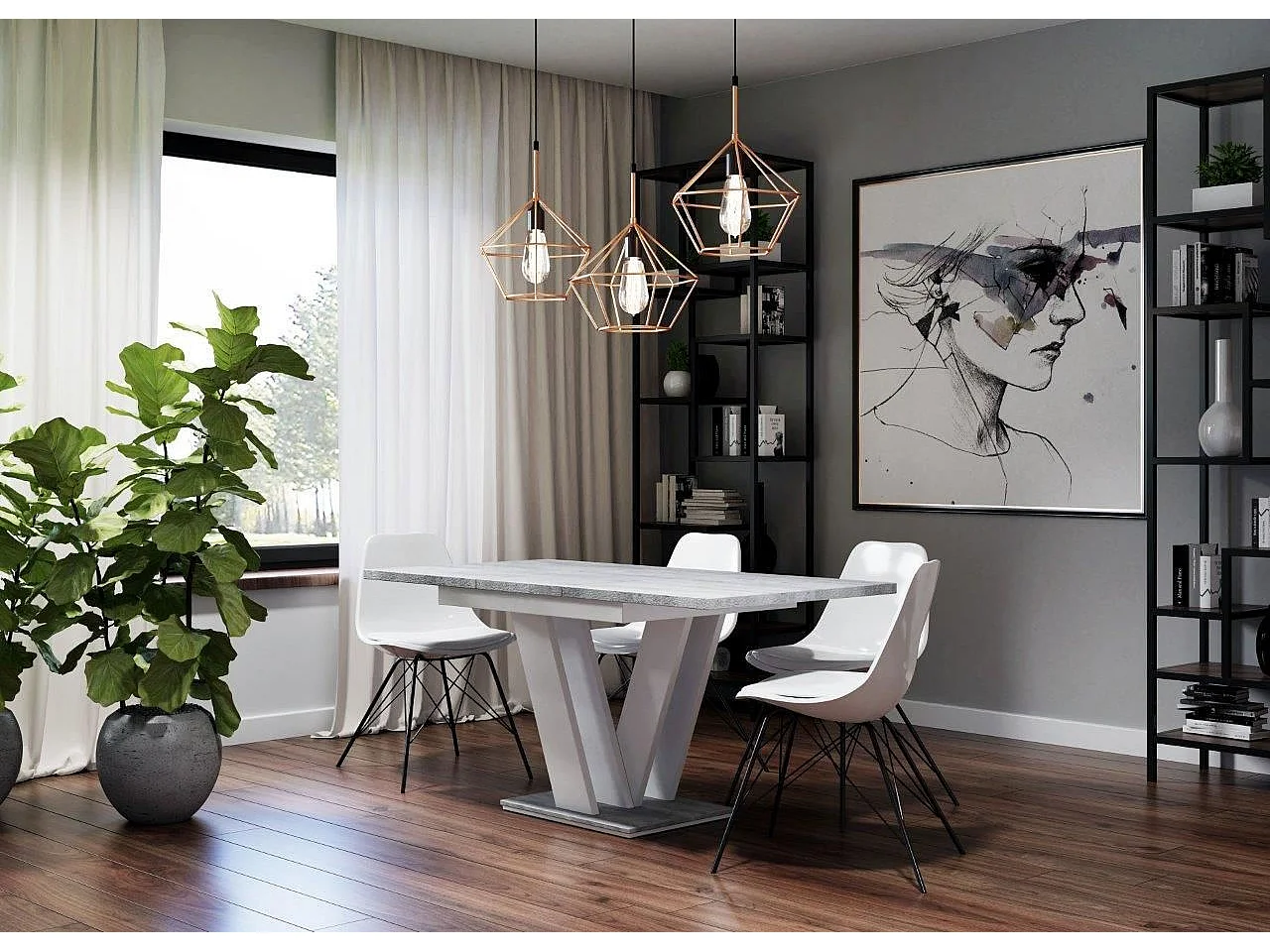 Table à manger extensible MASSI 120-160 cm gris béton et blanc, 6 places, rangement intégré, design contemporain