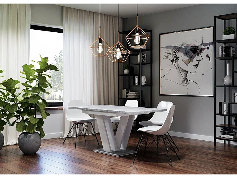 Table à manger extensible MASSI 120-160 cm gris béton et blanc, 6 places, rangement intégré, design contemporain
