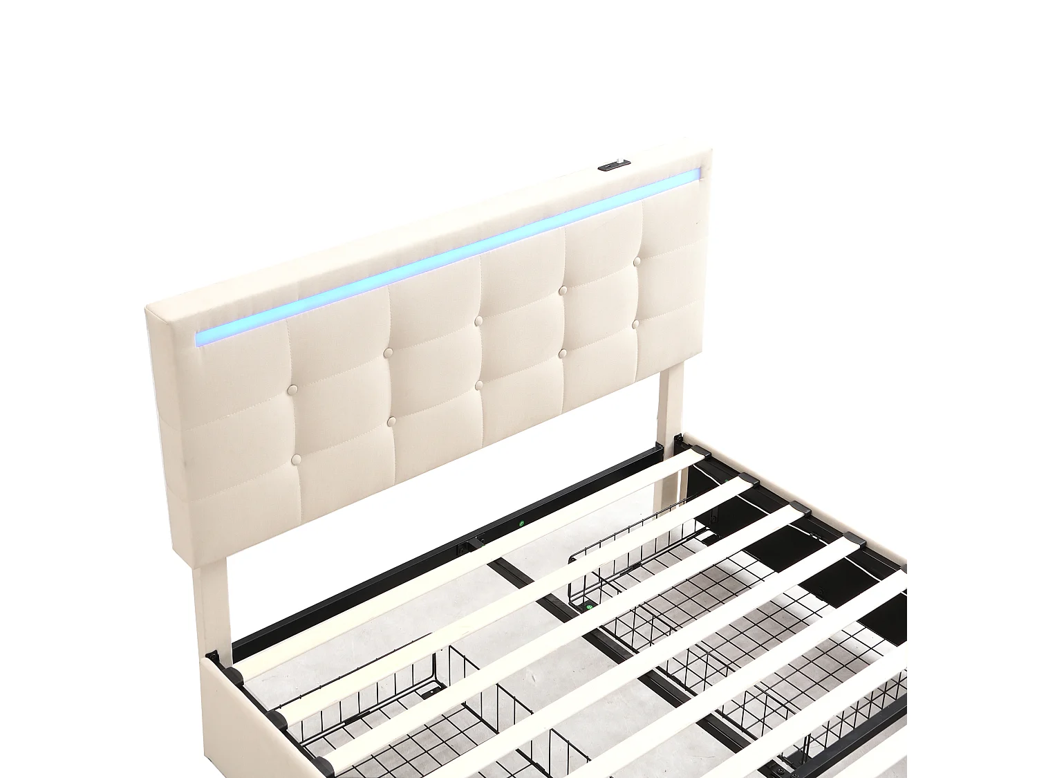 Lit adulte 140x200cm, lit double avec 4 tiroirs, sommier à lattes, tête de litavec LED et 2 stations de recharge USB, lin, beige
