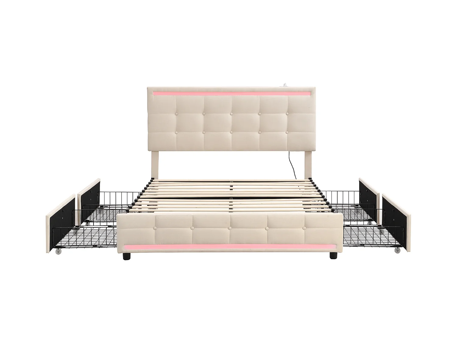 Lit adulte 140x200cm, lit double avec 4 tiroirs, sommier à lattes, tête de litavec LED et 2 stations de recharge USB, lin, beige