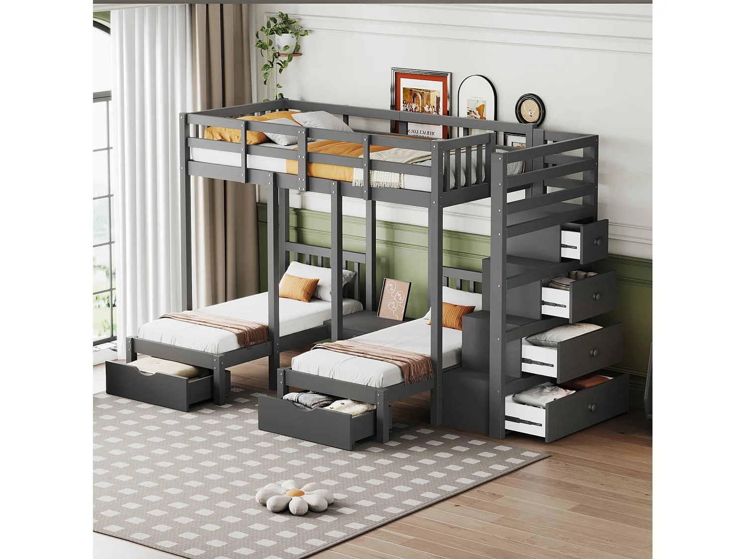 Litera infantil de 3 plazas 90x200 cm Cama triple Cama individual de madera con mesita de noche Cajones Escalera de almacenamiento - gris