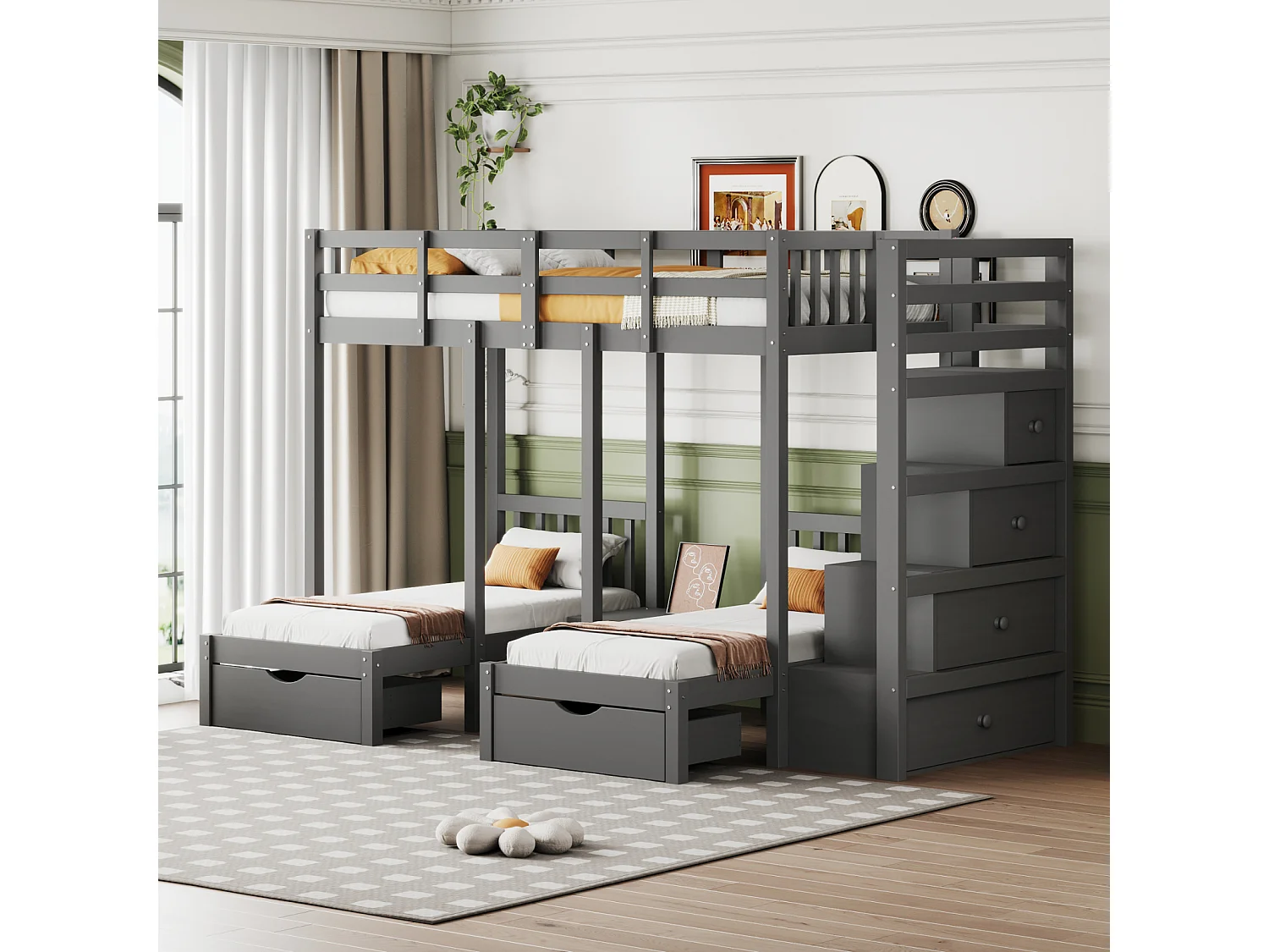 Litera infantil de 3 plazas 90x200 cm Cama triple Cama individual de madera con mesita de noche Cajones Escalera de almacenamiento - gris