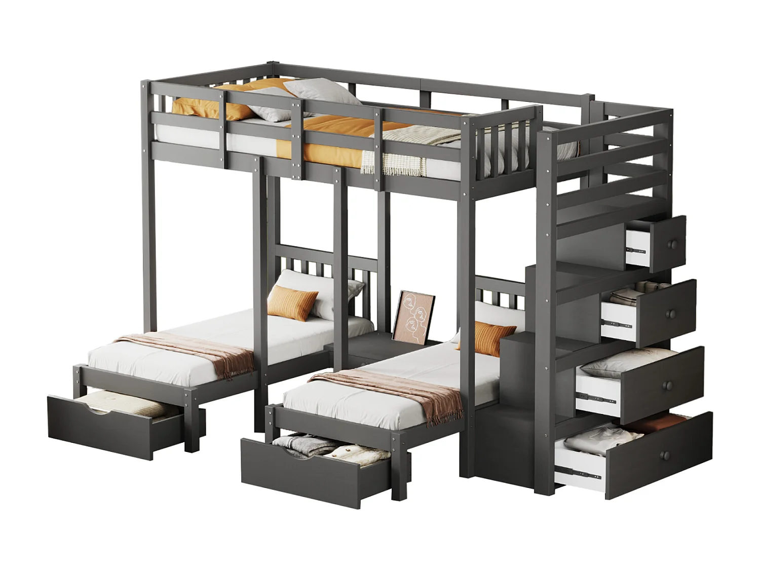 Litera infantil de 3 plazas 90x200 cm Cama triple Cama individual de madera con mesita de noche Cajones Escalera de almacenamiento - gris