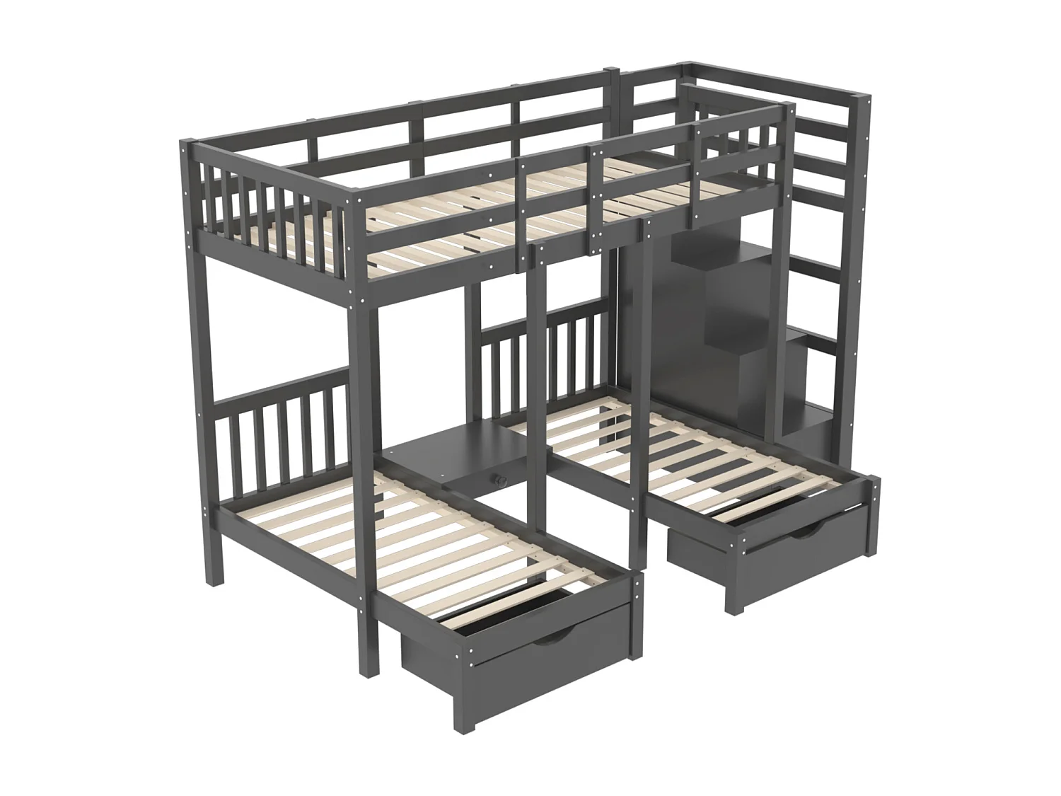 Litera infantil de 3 plazas 90x200 cm Cama triple Cama individual de madera con mesita de noche Cajones Escalera de almacenamiento - gris