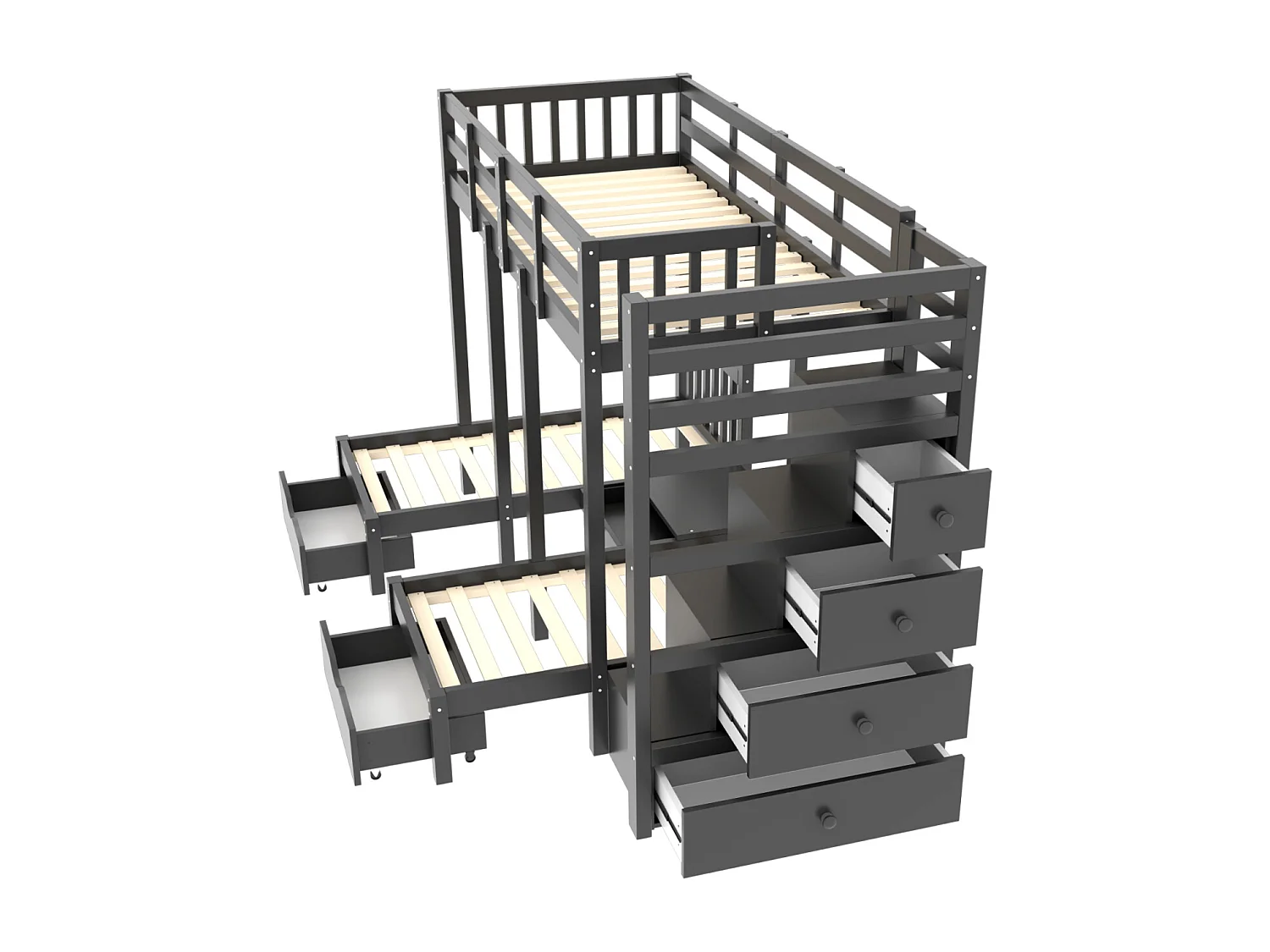 Litera infantil de 3 plazas 90x200 cm Cama triple Cama individual de madera con mesita de noche Cajones Escalera de almacenamiento - gris