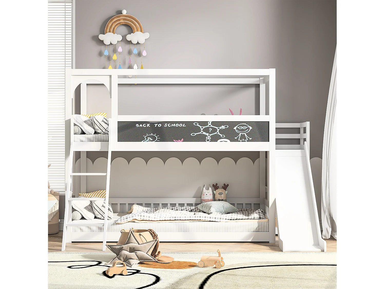 Lit superposé 90x200cm, lit enfant avec escaliers et toboggans, tableau d'écriture, 2x sommier à lattes, bois massif, blanc
