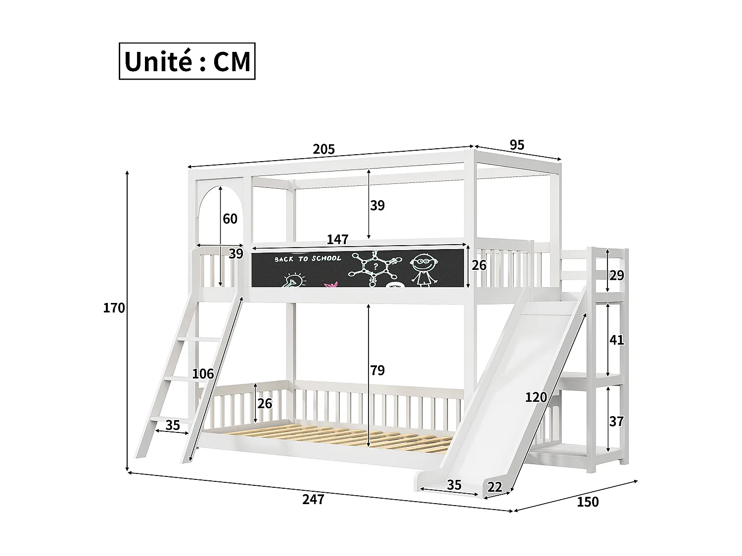 Lit superposé 90x200cm, lit enfant avec escaliers et toboggans, tableau d'écriture, 2x sommier à lattes, bois massif, blanc