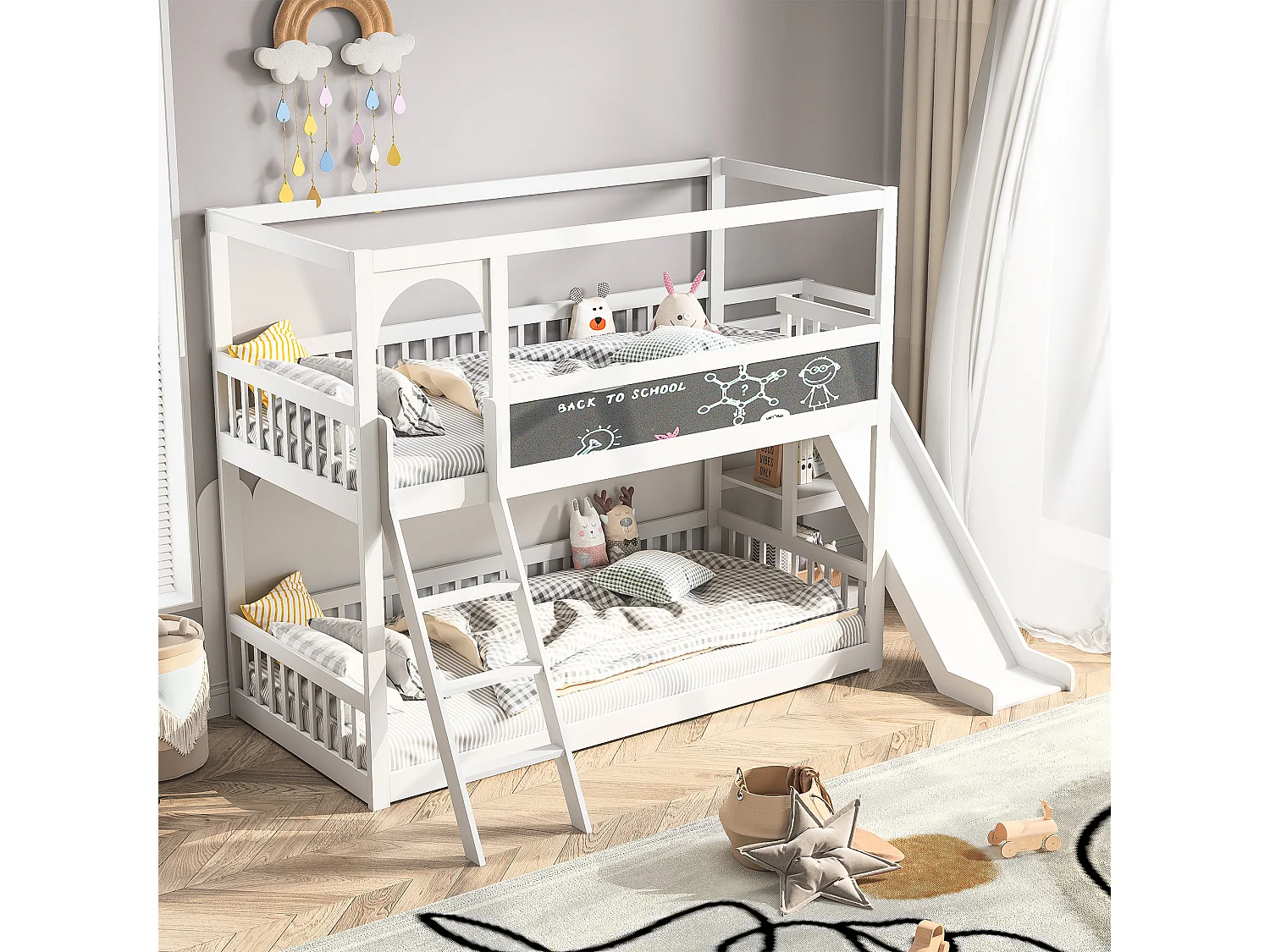 Lit superposé 90x200cm, lit enfant avec escaliers et toboggans, tableau d'écriture, 2x sommier à lattes, bois massif, blanc