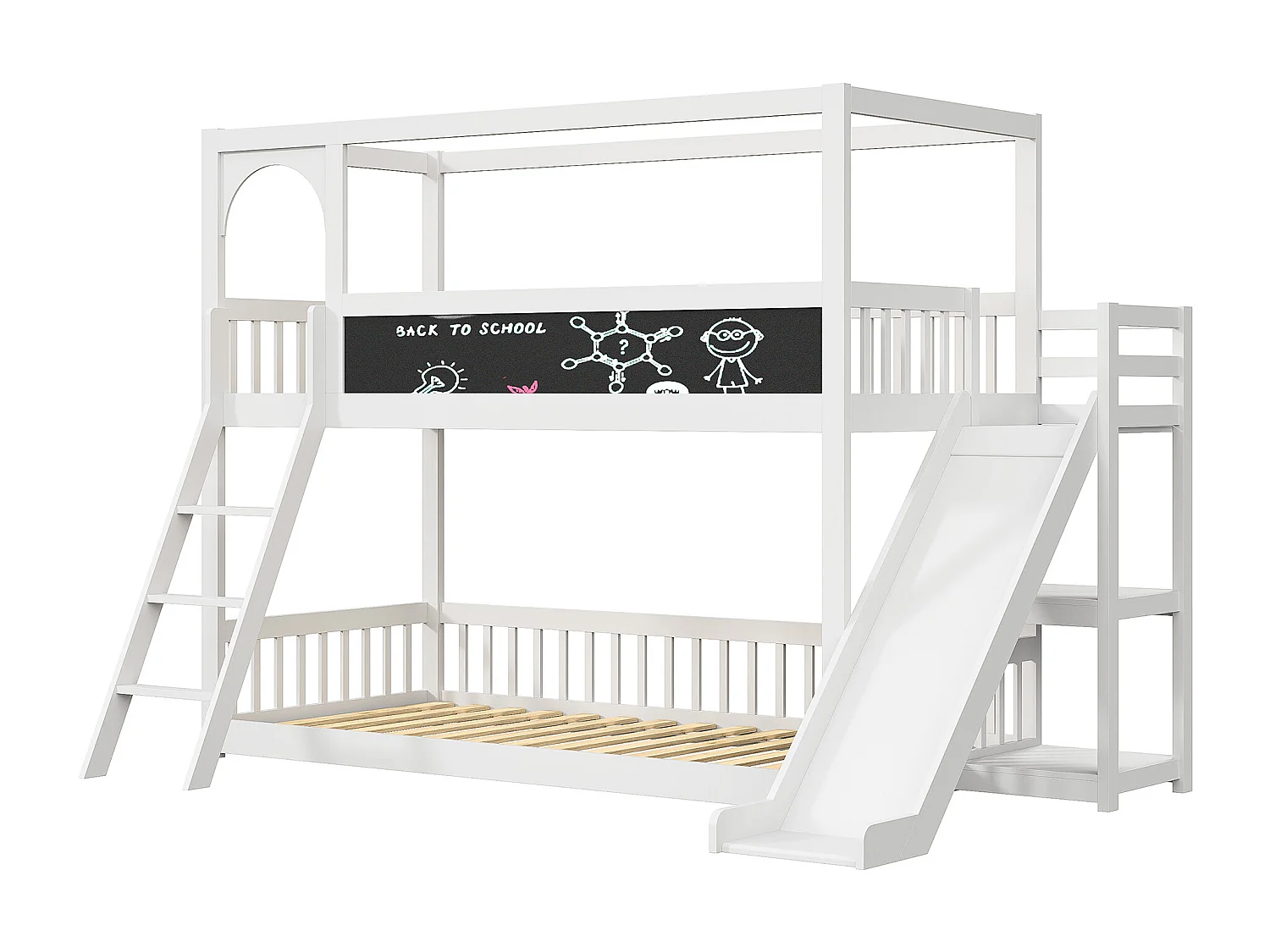 Lit superposé 90x200cm, lit enfant avec escaliers et toboggans, tableau d'écriture, 2x sommier à lattes, bois massif, blanc
