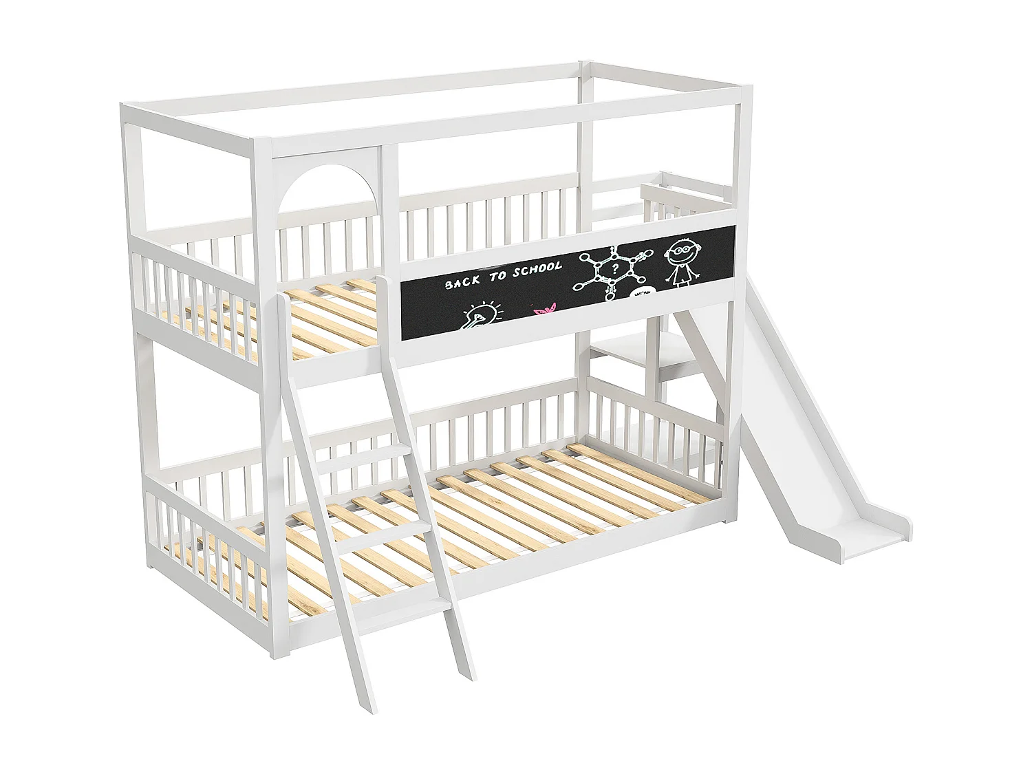 Lit superposé 90x200cm, lit enfant avec escaliers et toboggans, tableau d'écriture, 2x sommier à lattes, bois massif, blanc