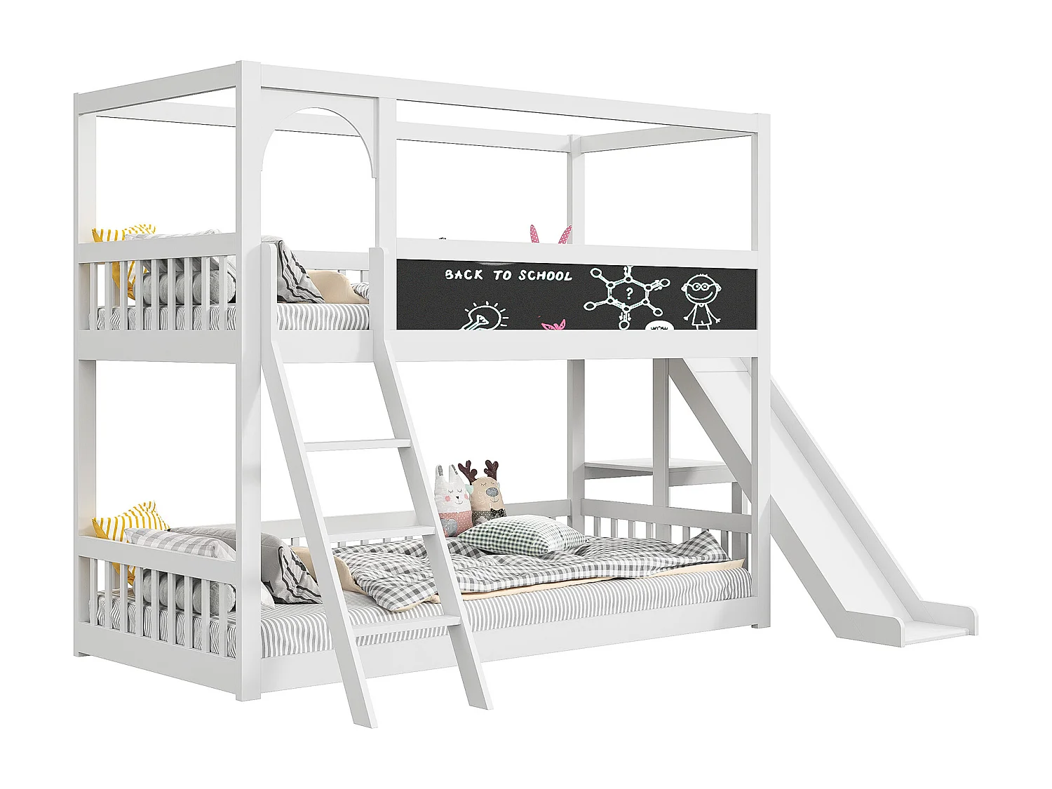 Lit superposé 90x200cm, lit enfant avec escaliers et toboggans, tableau d'écriture, 2x sommier à lattes, bois massif, blanc