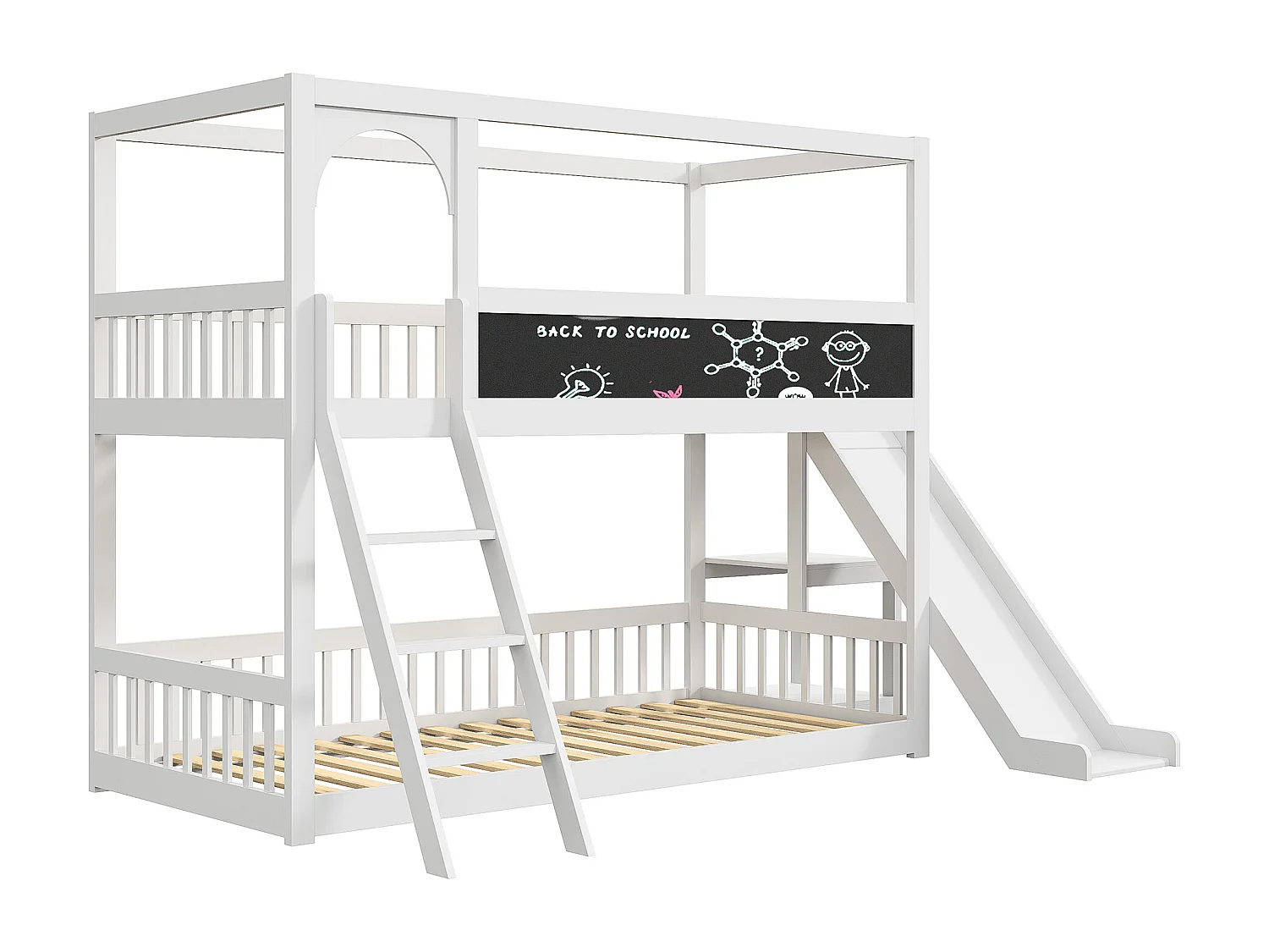 Lit superposé 90x200cm, lit enfant avec escaliers et toboggans, tableau d'écriture, 2x sommier à lattes, bois massif, blanc