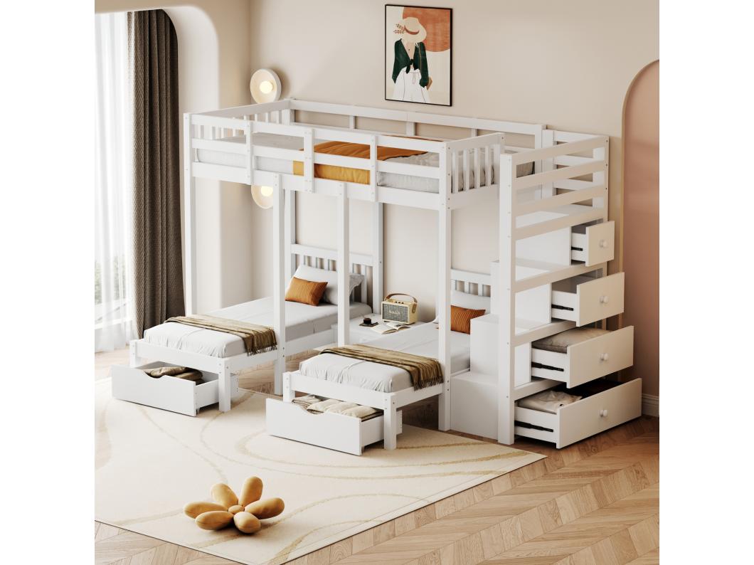 Beliche 90×200CM - Cama para 3 Crianças com 4 Gavetas, Box Spring, Grade de Segurança e Mesa de Cabeceira - Madeira Branca