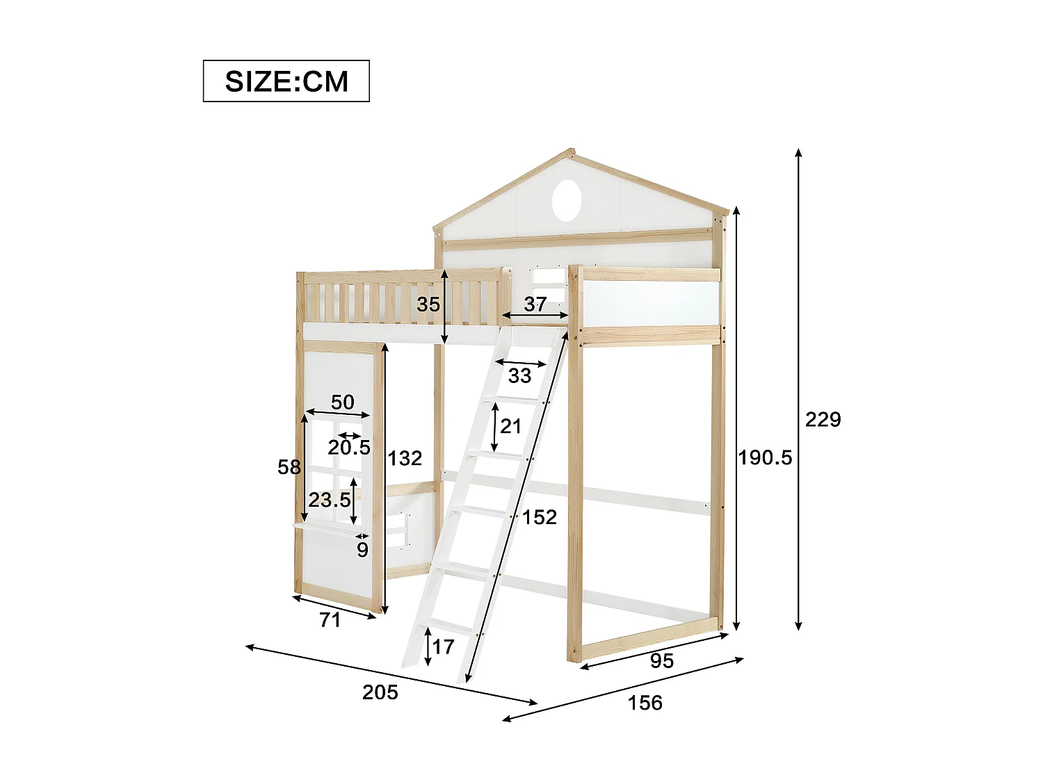 Beliche Cama infantil 90 x 200 cm em pinho com escada, proteção contra quedas e grade, teto e janela, branco e natural