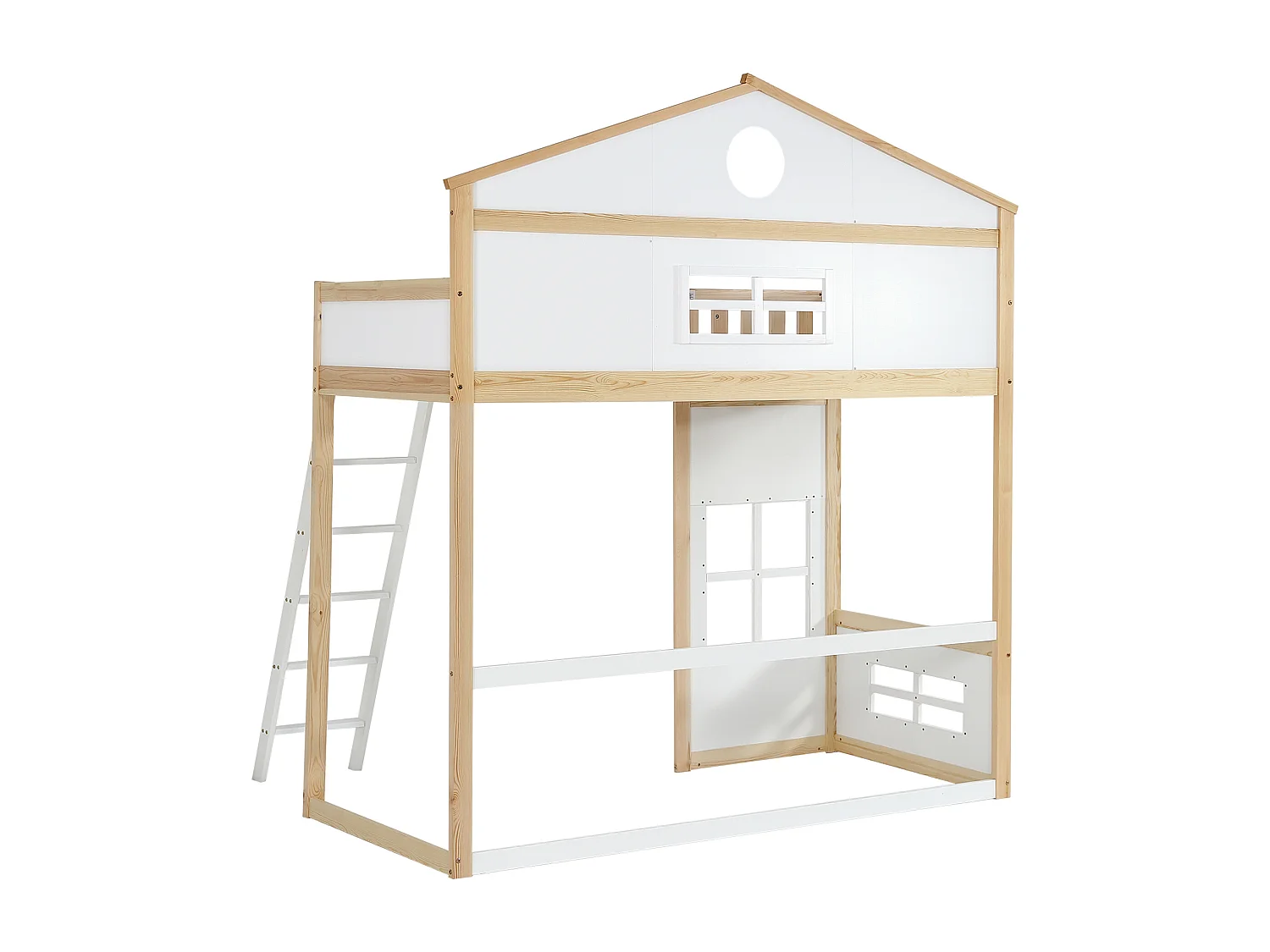 Beliche Cama infantil 90 x 200 cm em pinho com escada, proteção contra quedas e grade, teto e janela, branco e natural