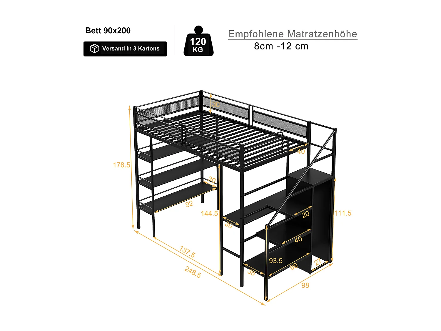 Hochbett für Kinder, 90 x 200 cm. Einzelbett aus Eisen mit Schreibtisch, 3 Regalen, Leiter, offenem Kleiderschrank und Lattenrosten – Schwarz