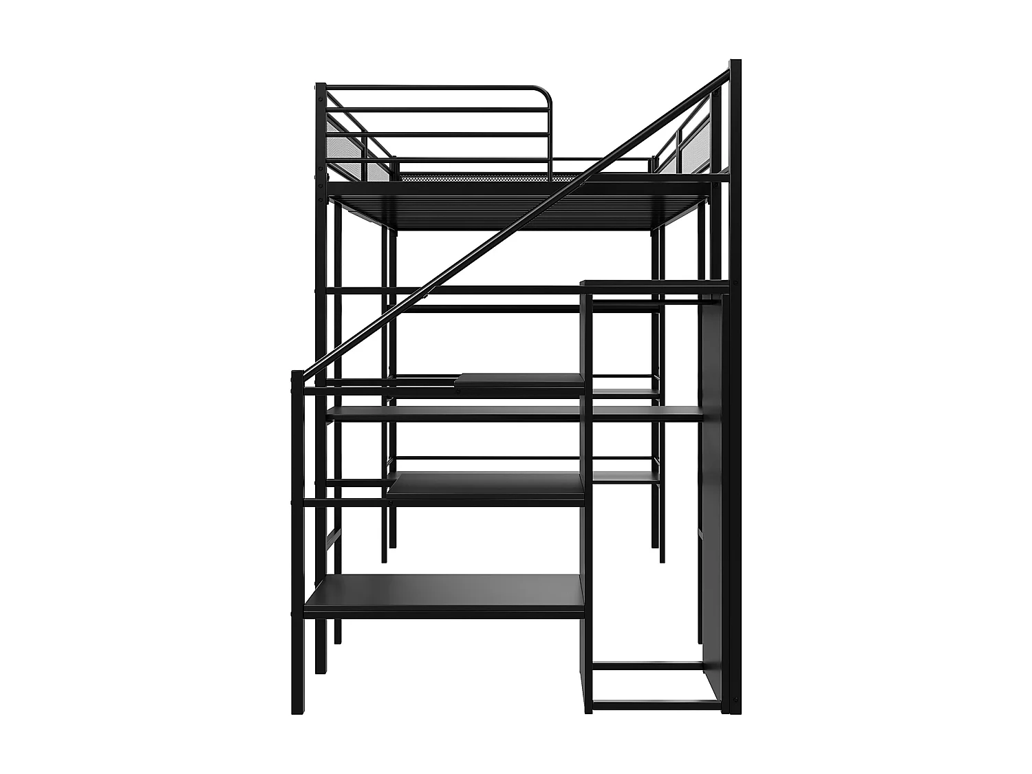 Hochbett für Kinder, 90 x 200 cm. Einzelbett aus Eisen mit Schreibtisch, 3 Regalen, Leiter, offenem Kleiderschrank und Lattenrosten – Schwarz