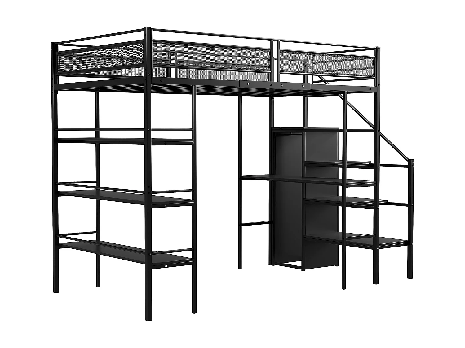 Hochbett für Kinder, 90 x 200 cm. Einzelbett aus Eisen mit Schreibtisch, 3 Regalen, Leiter, offenem Kleiderschrank und Lattenrosten – Schwarz