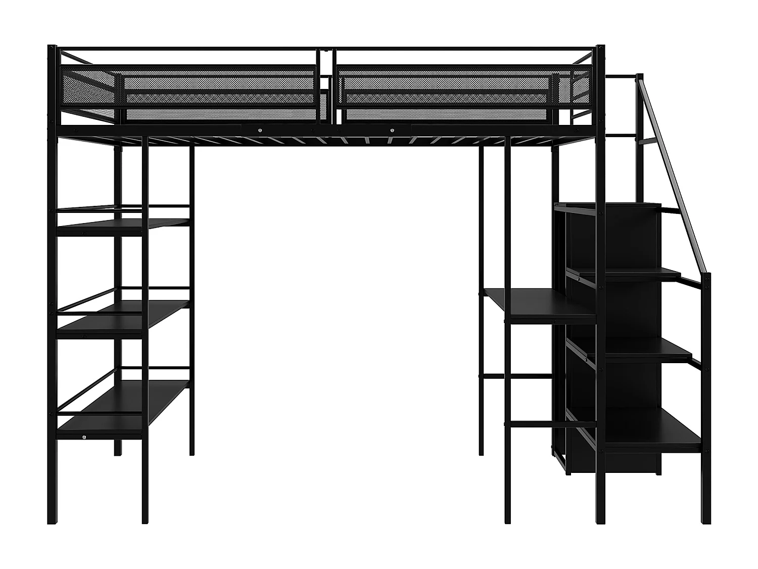 Hochbett für Kinder, 90 x 200 cm. Einzelbett aus Eisen mit Schreibtisch, 3 Regalen, Leiter, offenem Kleiderschrank und Lattenrosten – Schwarz