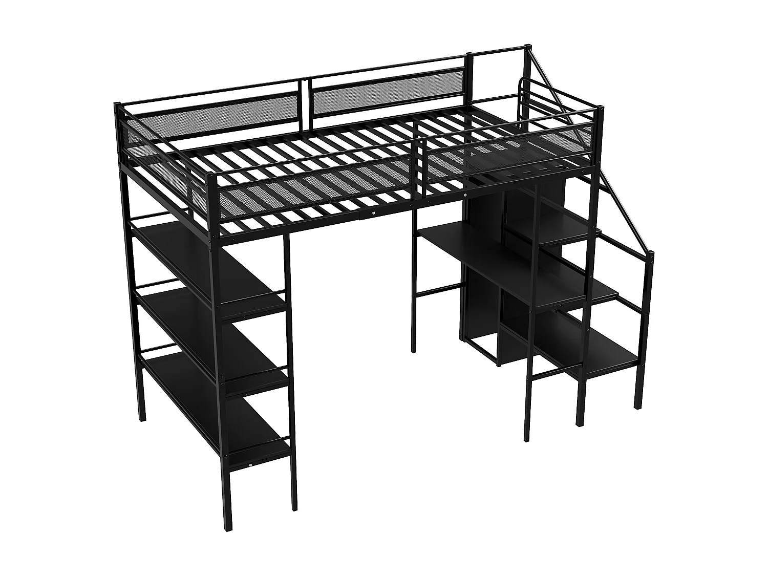 Hochbett für Kinder, 90 x 200 cm. Einzelbett aus Eisen mit Schreibtisch, 3 Regalen, Leiter, offenem Kleiderschrank und Lattenrosten – Schwarz