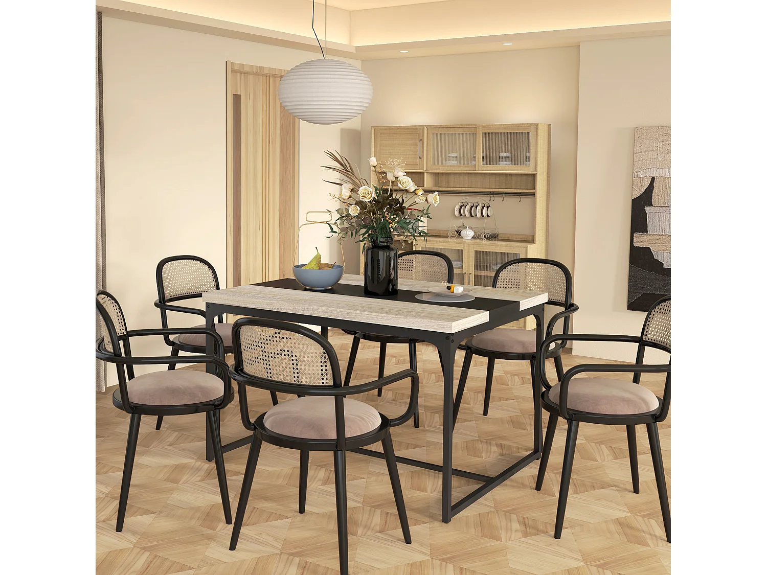 Table salle à manger 6 places - style industriel - dim. 120L x 89l x 75,5H cm - métal noir aspect bois