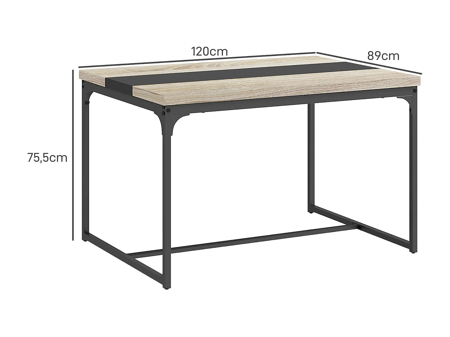 Table salle à manger 6 places - style industriel - dim. 120L x 89l x 75,5H cm - métal noir aspect bois