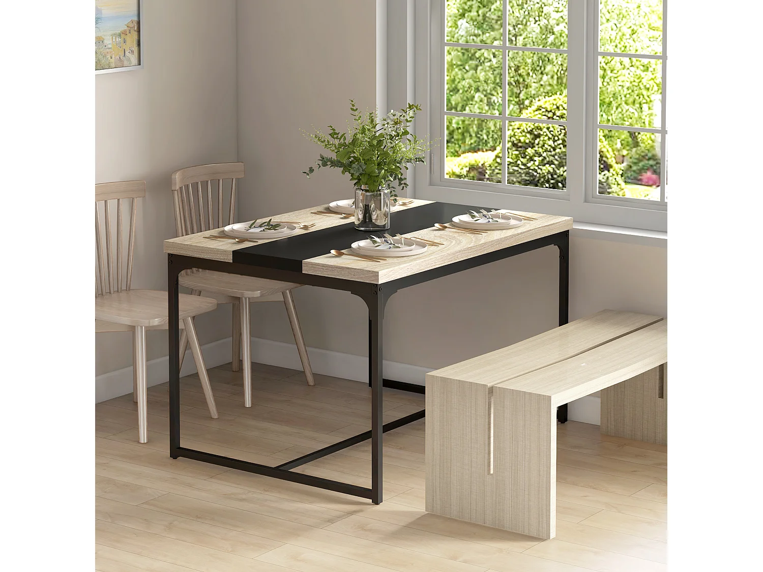 Table salle à manger 6 places - style industriel - dim. 120L x 89l x 75,5H cm - métal noir aspect bois