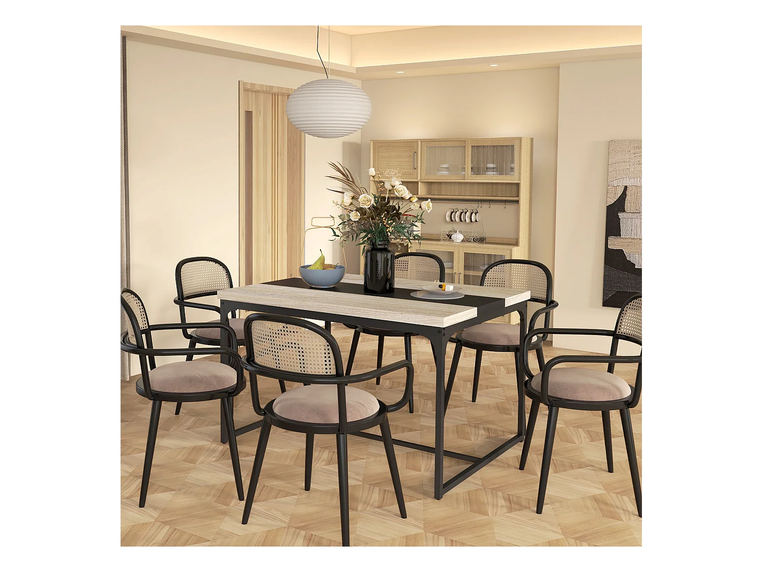 Table salle à manger 6 places - style industriel - dim. 120L x 89l x 75,5H cm - métal noir aspect bois