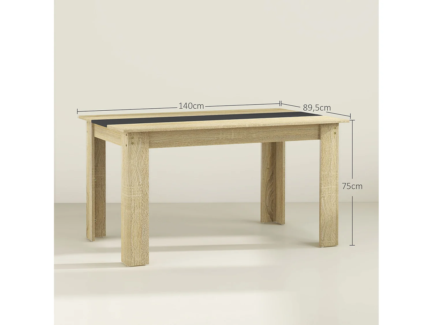 Table à manger rectangulaire 6 personnes - dim. 140L x 90l x 75H cm - aspect chêne clair noir