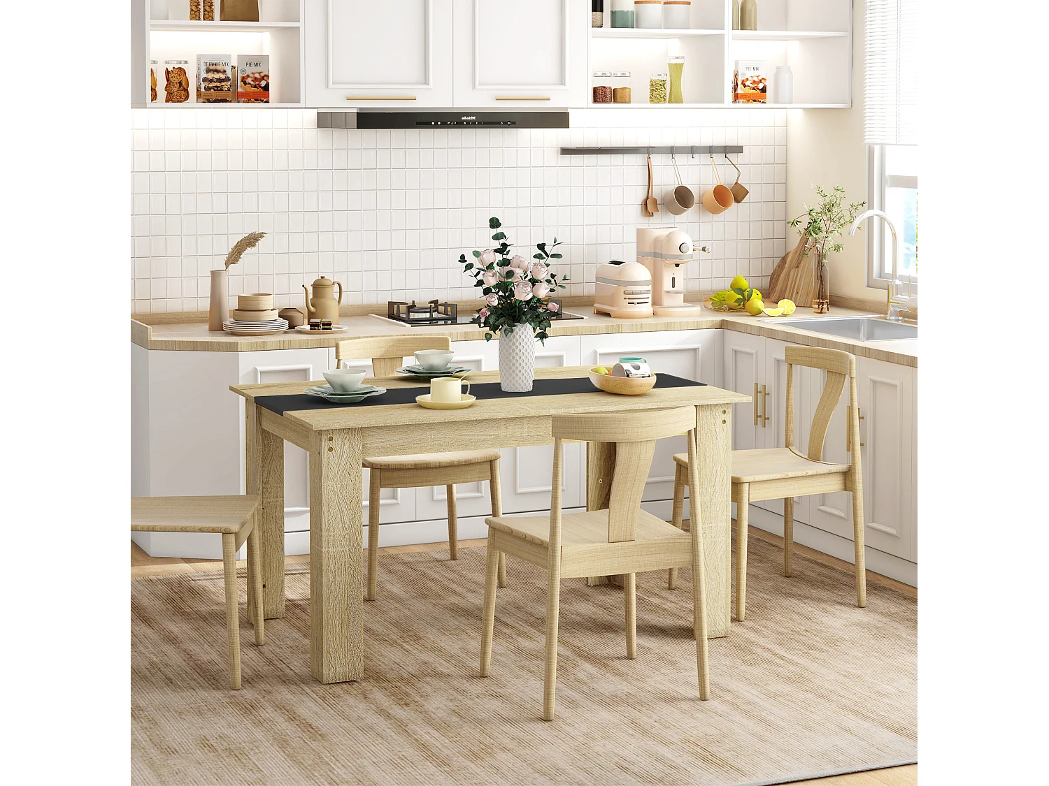 Table à manger rectangulaire 6 personnes - dim. 140L x 90l x 75H cm - aspect chêne clair noir