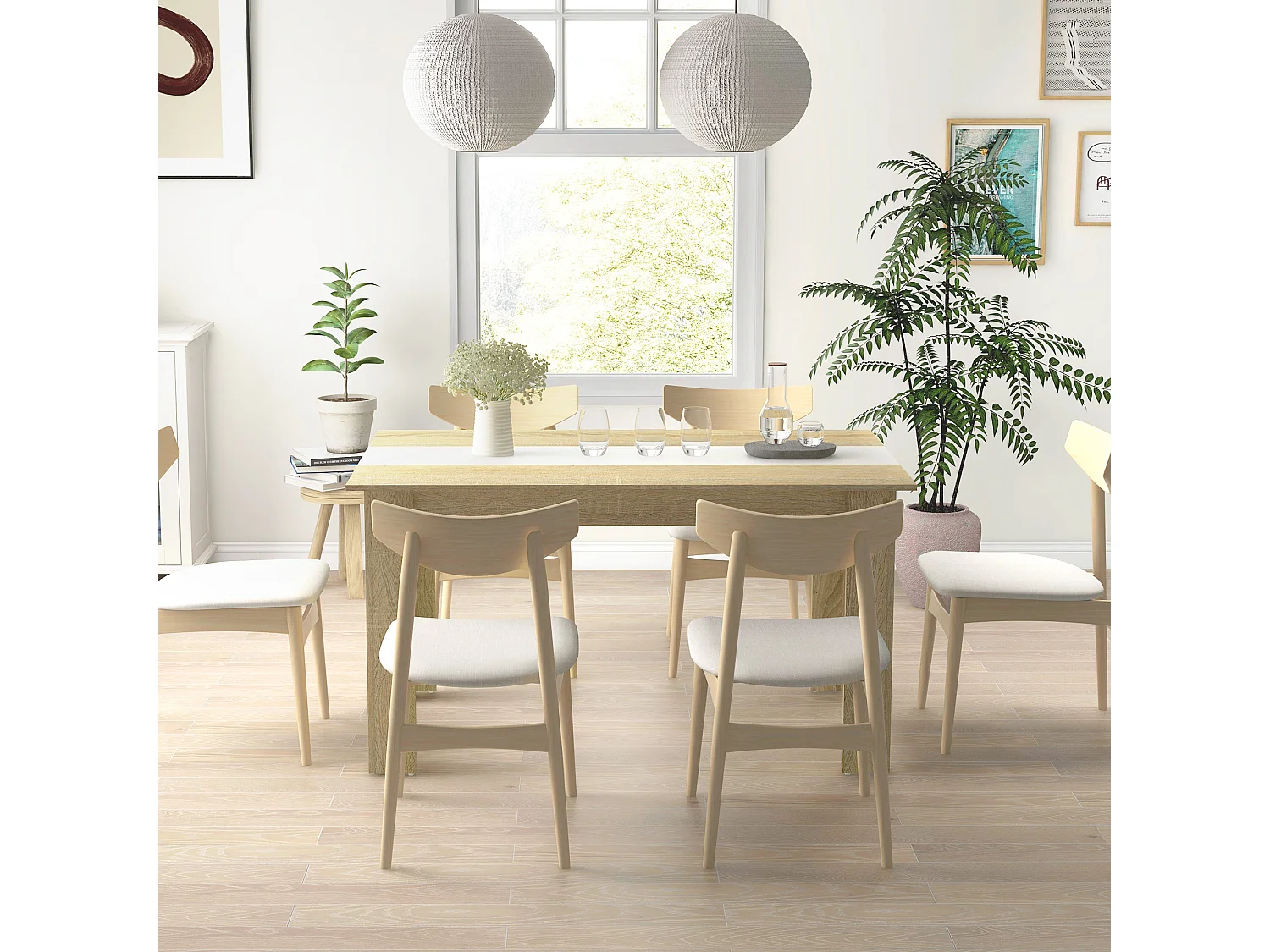 Table à manger rectangulaire 6 personnes - dim. 140L x 90l x 75H cm - aspect chêne clair blanc