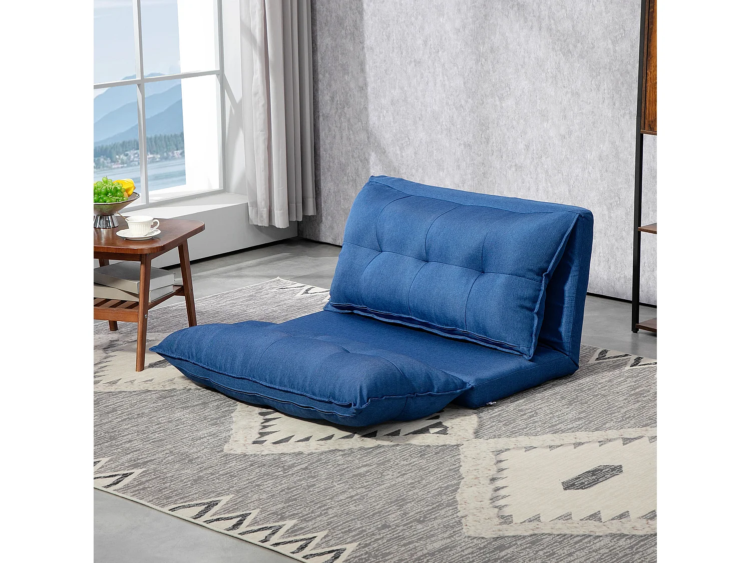 Chauffeuse - matelas d'appoint pliant - fauteuil convertible - inclinaison dossier réglable 13 positions - tissu lin bleu