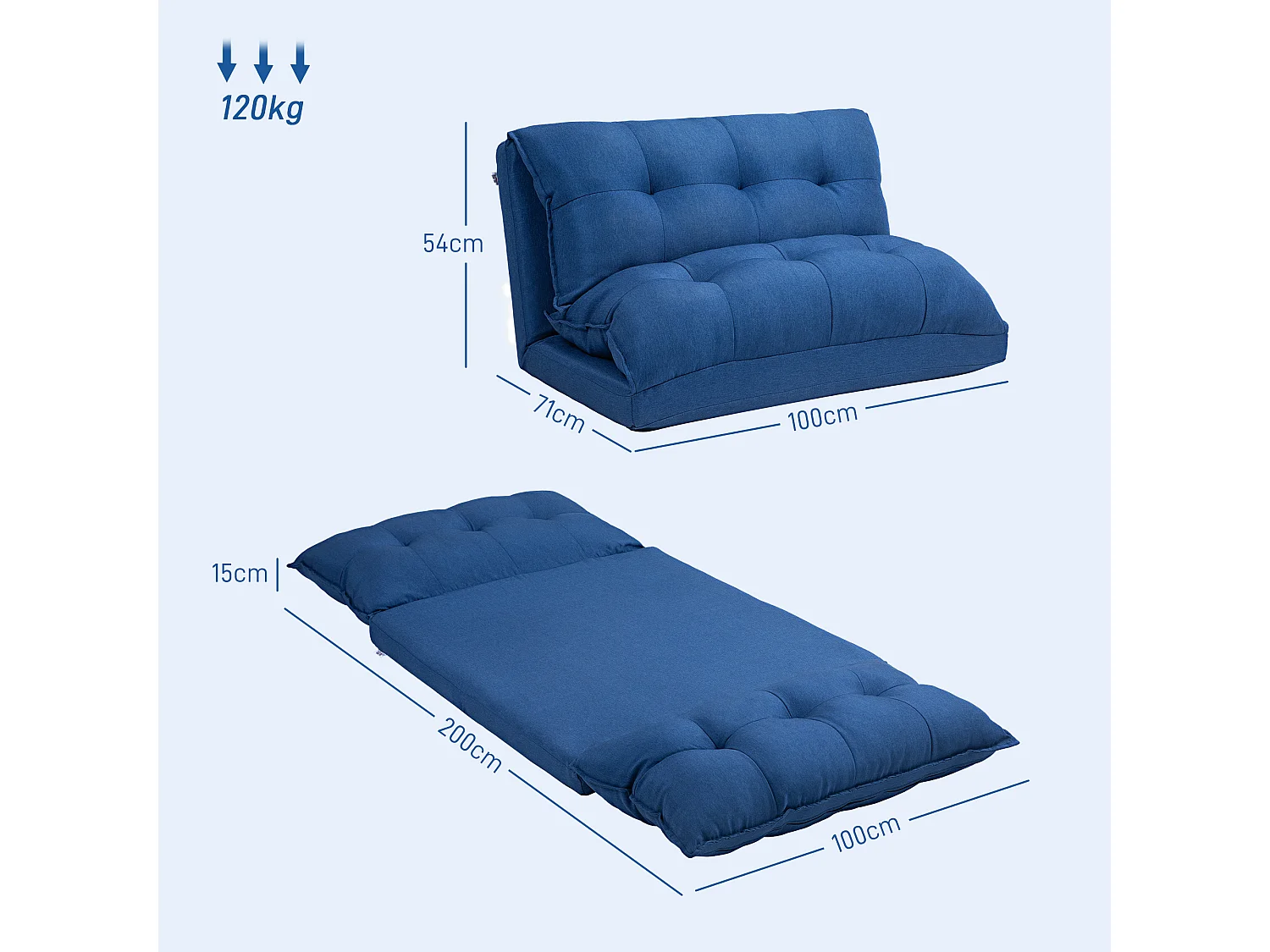 Chauffeuse - matelas d'appoint pliant - fauteuil convertible - inclinaison dossier réglable 13 positions - tissu lin bleu