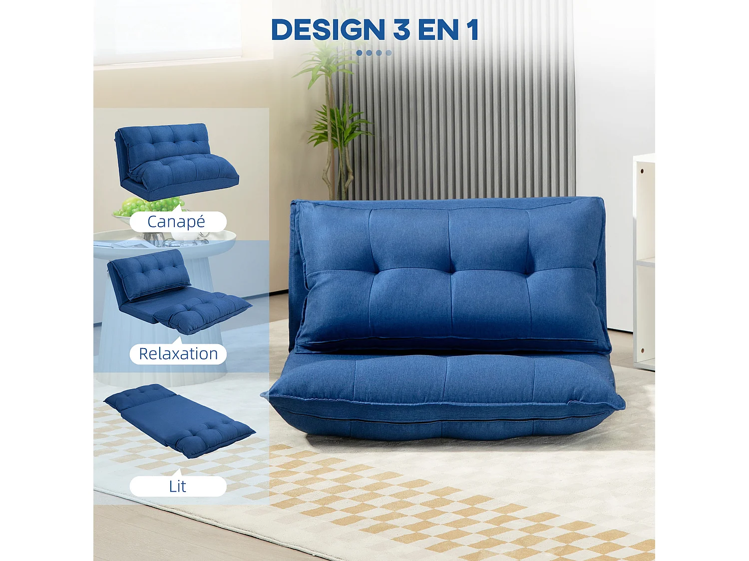 Chauffeuse - matelas d'appoint pliant - fauteuil convertible - inclinaison dossier réglable 13 positions - tissu lin bleu