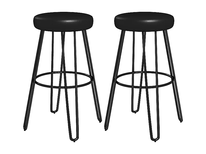 Lot de 2 tabourets de bar style industriel - repose-pieds - piètement épingle acier assise ronde noir