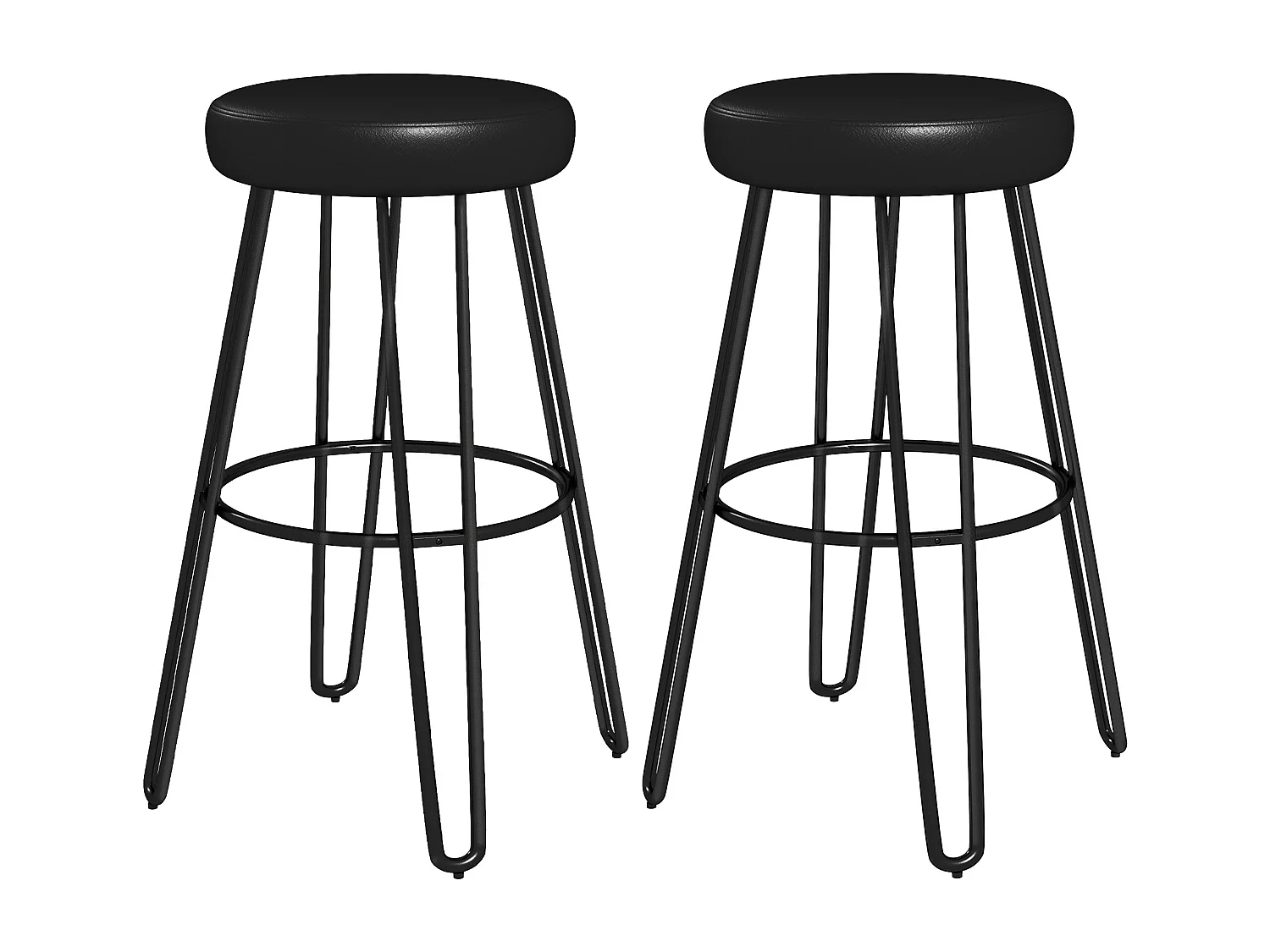 Lot de 2 tabourets de bar style industriel - repose-pieds - piètement épingle acier assise ronde noir